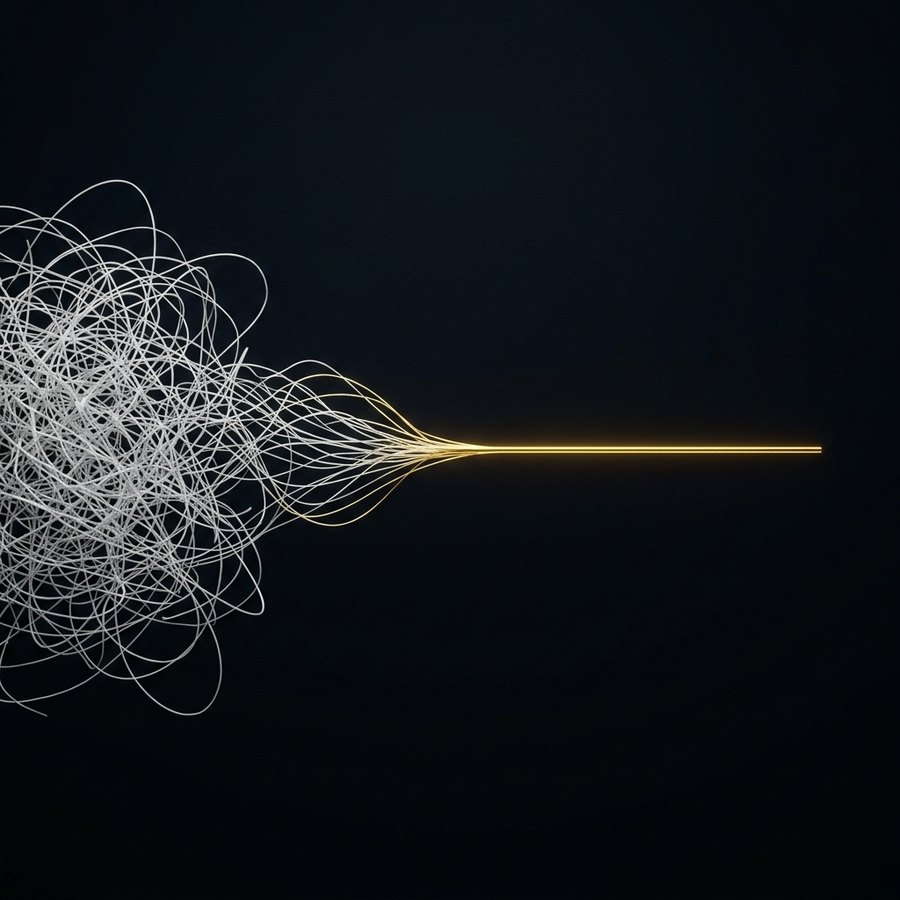 A tangled thread resolving into one clean line of gold light