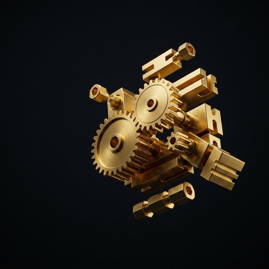 Interlocking gold gears and modular blocks slotting together